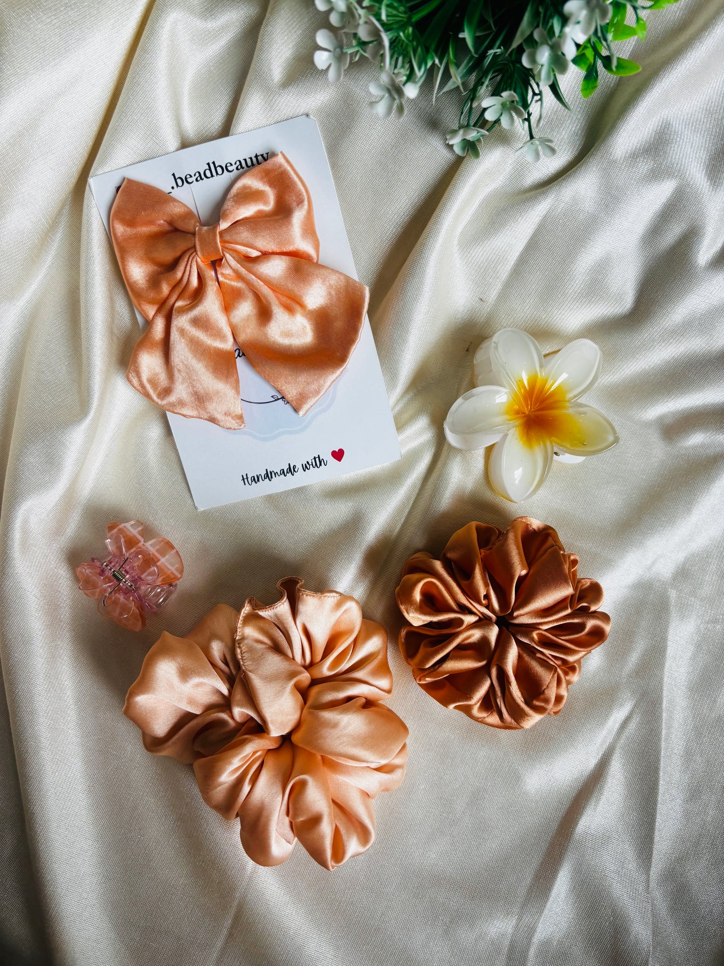 Combo of 5 Burnt Orange Scrunchies & Claw Clip | Stylish Hair Accessories Set