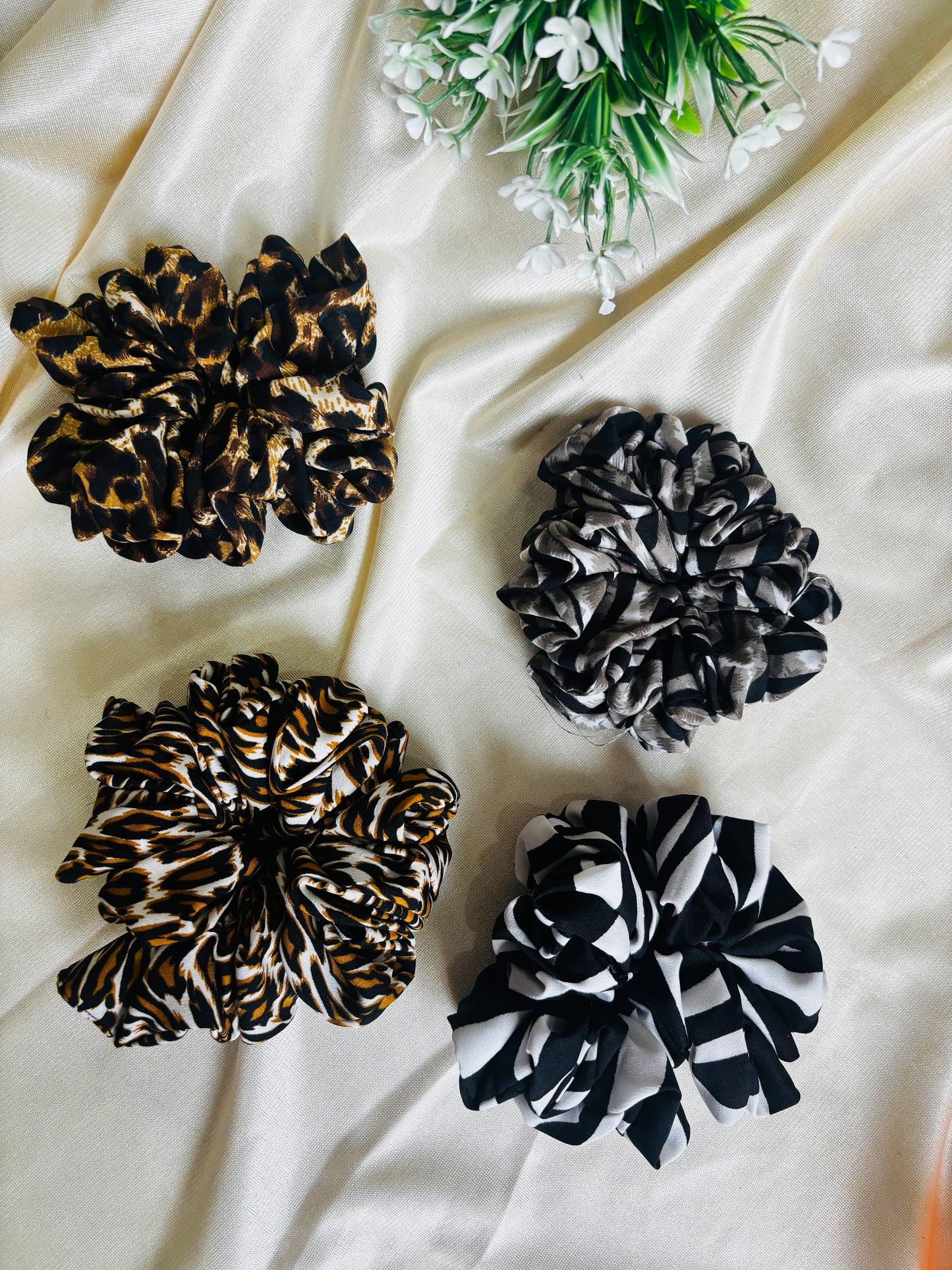 Set of 4 Large Size Animal Print Scrunchies | Soft Hair Tie Pack for Everyday Styling