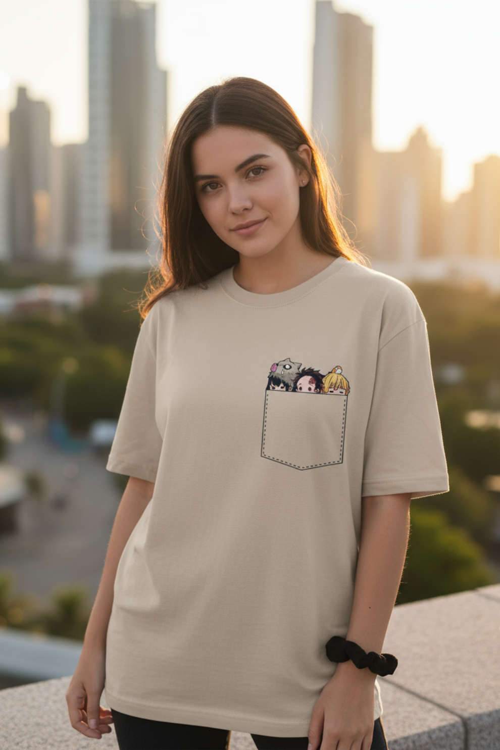 Demon Slayer Pocket Print Oversized T-Shirt | Anime Graphic Unisex Streetwear