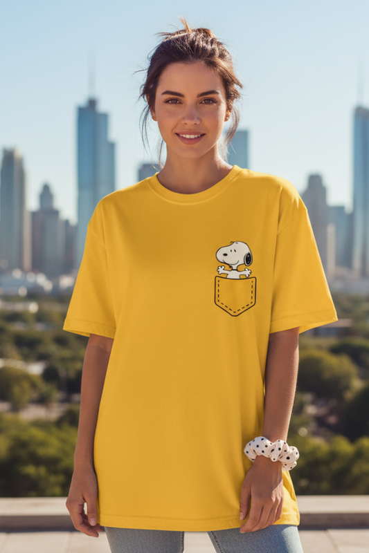 Snoopy Dog Pocket Print Oversized T-Shirt | Cartoon Graphic Unisex Streetwear