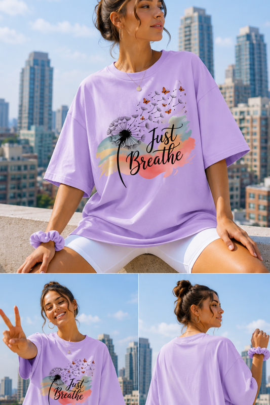 Just Breathe Oversize T-Shirt | Mindfulness Quote Unisex Streetwear