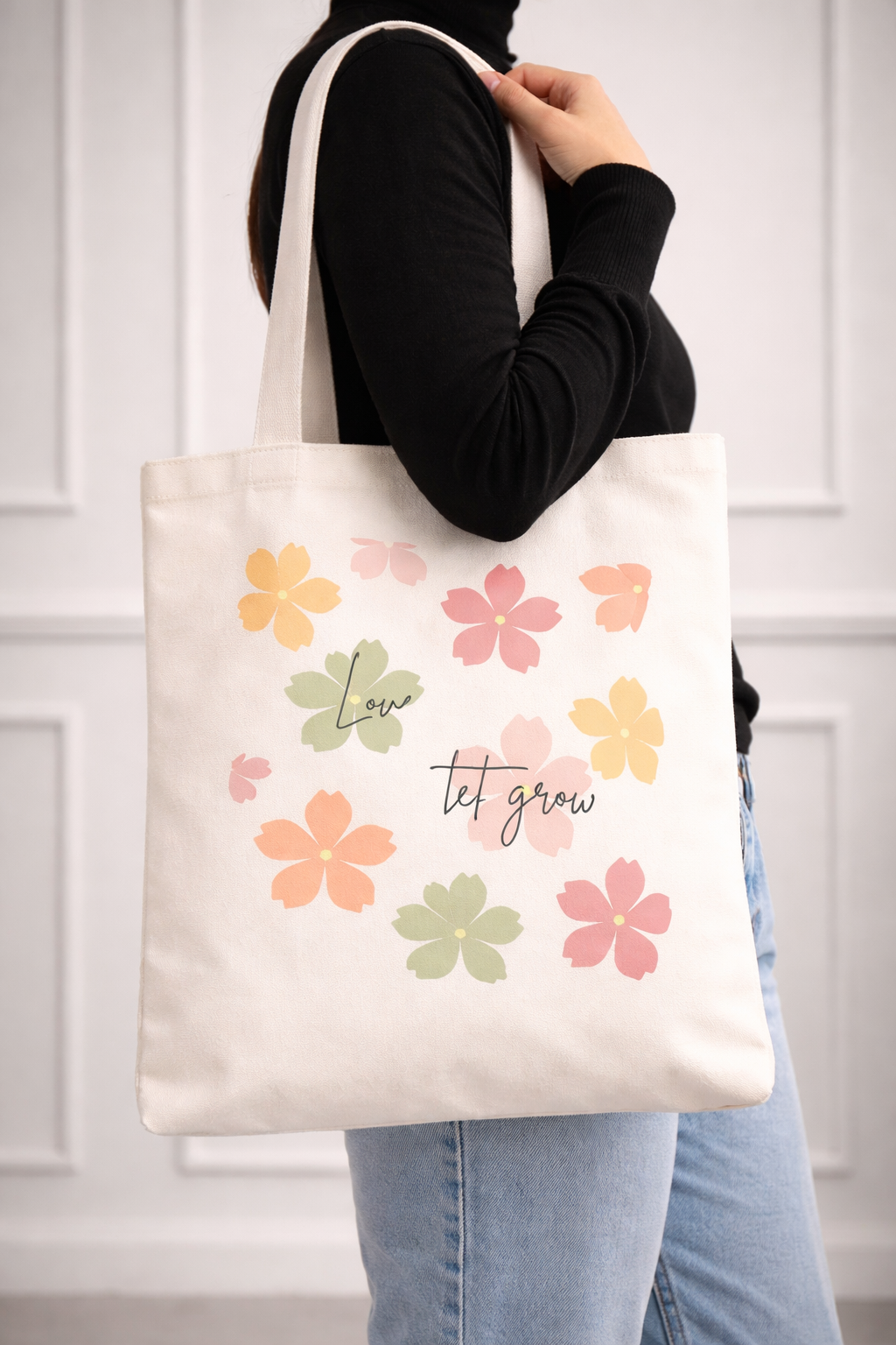 Love Let Grow Tote Bag | Floral Inspirational Everyday Carry Bag