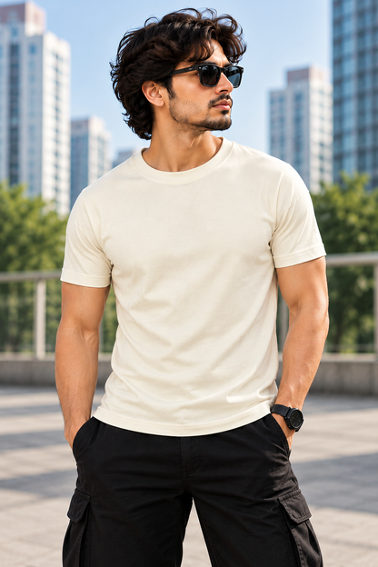 Solid Off-White Plain T-Shirt | Minimalist Unisex Casual Wear