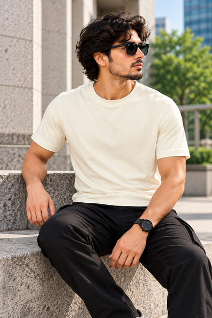 Solid Off-White Plain T-Shirt | Minimalist Unisex Casual Wear