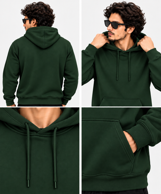 Dark Green Regular Fit Hoodie | 300 GSM 100% Cotton Brushed Fleece