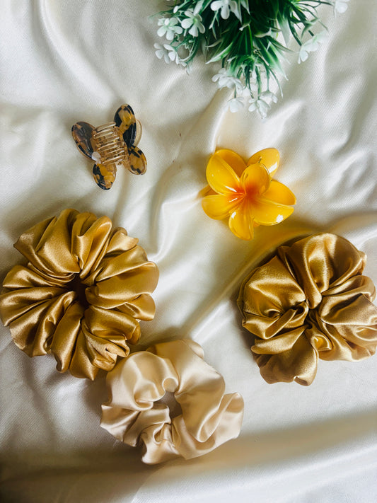 Combo of 5 Golden Scrunchies & Claw Clip | Stylish Hair Accessories Set