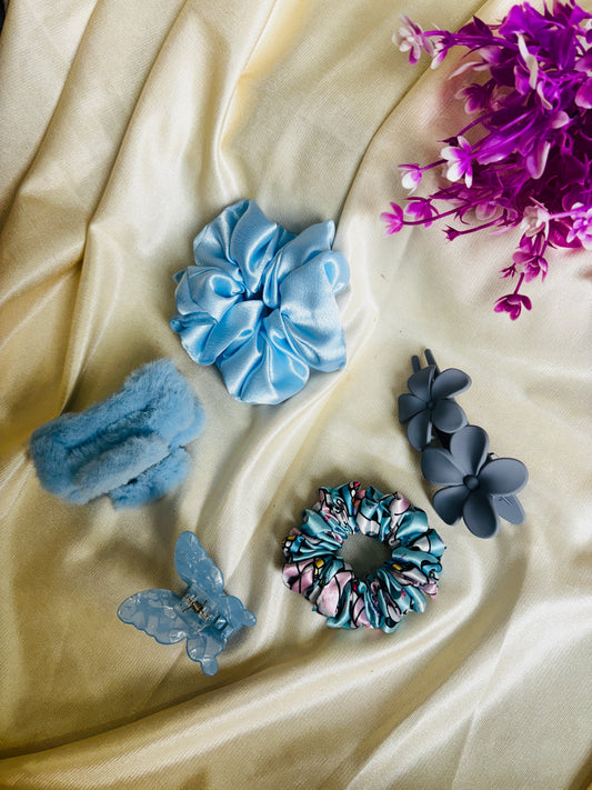 Combo of 5 Blue Scrunchies & Claw Clip | Stylish Hair Accessories Set