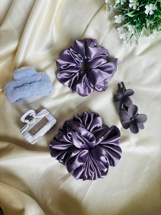 Combo of 5 Blueberry Scrunchies & Claw Clip | Stylish Hair Accessories Set