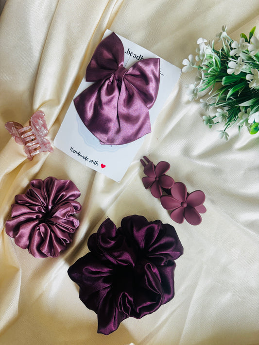 Combo of 5 Wine Scrunchies & Claw Clip | Stylish Hair Accessories Set