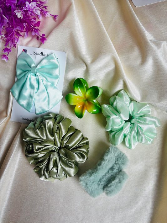 Combo of 5 Green Scrunchies & Claw Clip | Stylish Hair Accessories Set