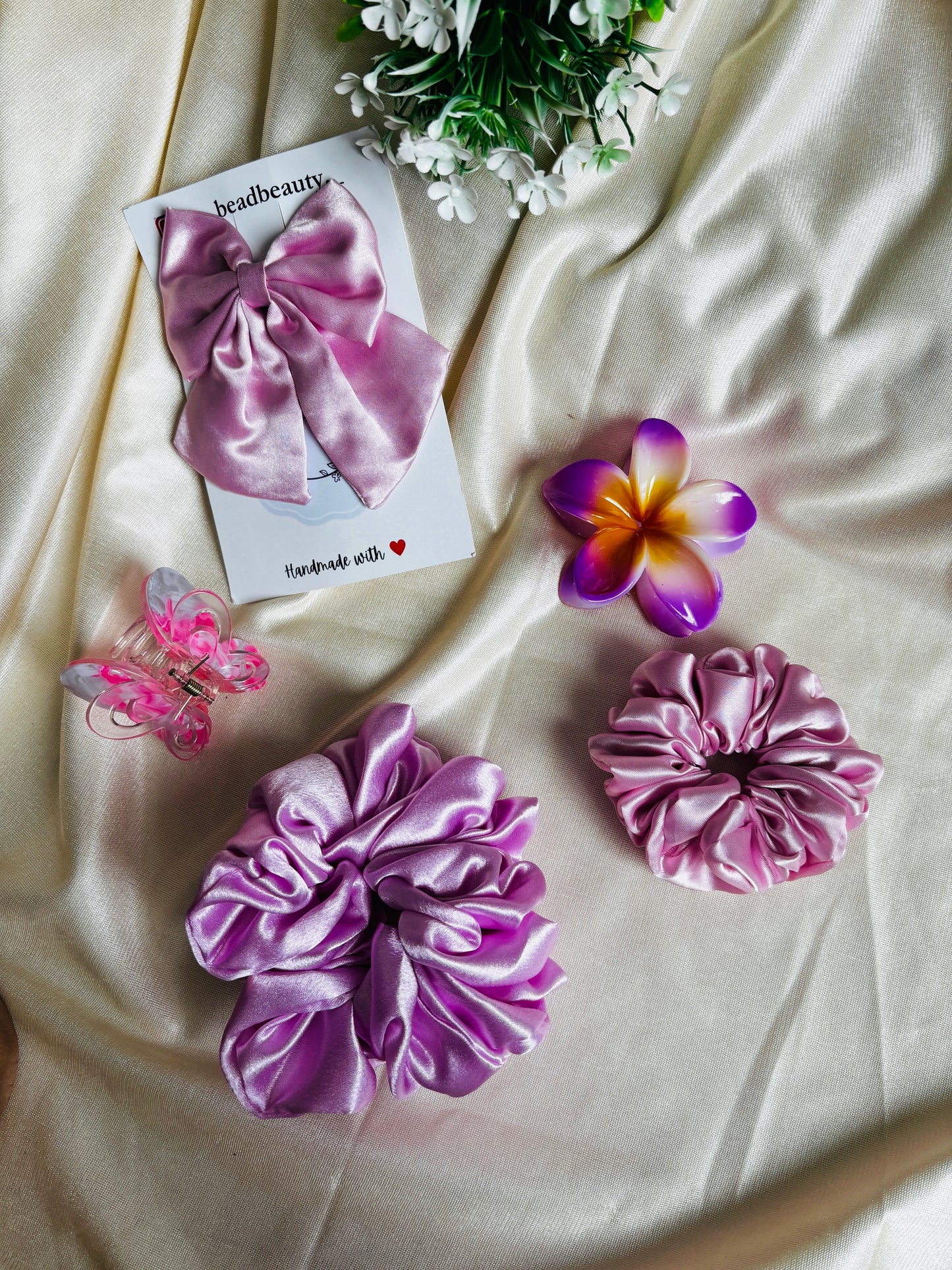 Combo of 5 Pink Scrunchies & Claw Clip | Stylish Hair Accessories Set