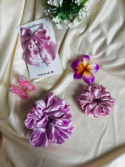 Combo of 5 Pink Scrunchies & Claw Clip | Stylish Hair Accessories Set