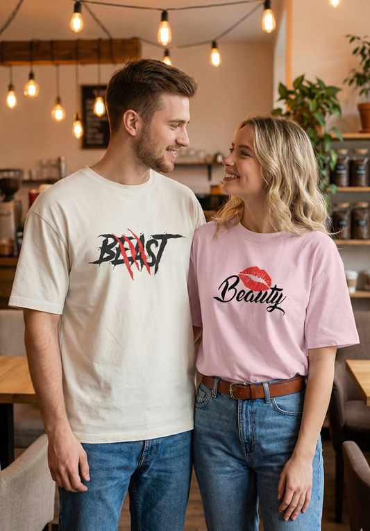 Beast & Pink Beauty Couple Oversize T-Shirt | Romantic Matching Wear