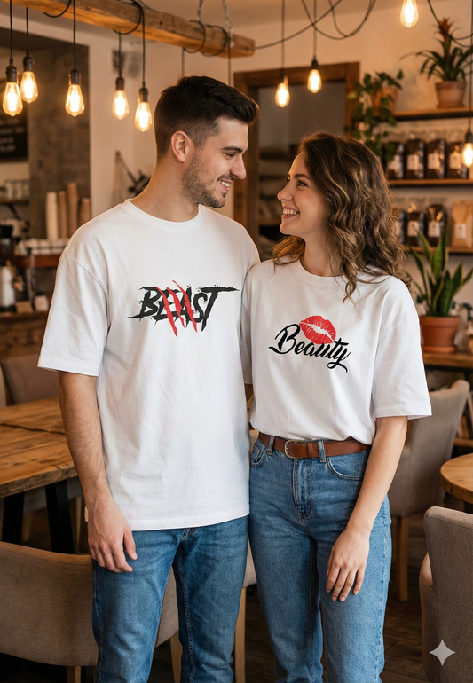 Beauty and Beast Couple Oversize T-Shirt | Romantic Matching Streetwear