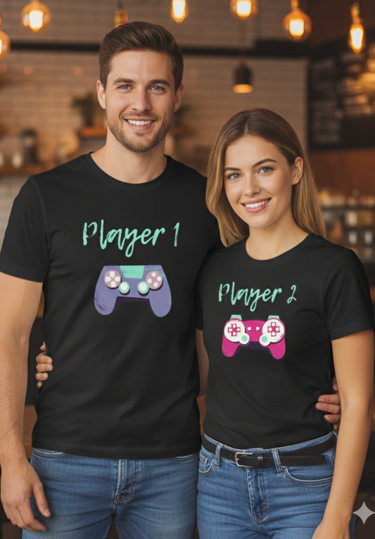Player 1 & Player 2 T-Shirt | Gamer Couple Matching Tee