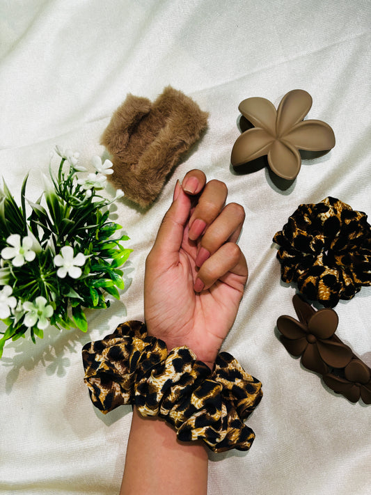 Combo of 5 Coffee Scrunchies & Claw Clip | Stylish Hair Accessories Set