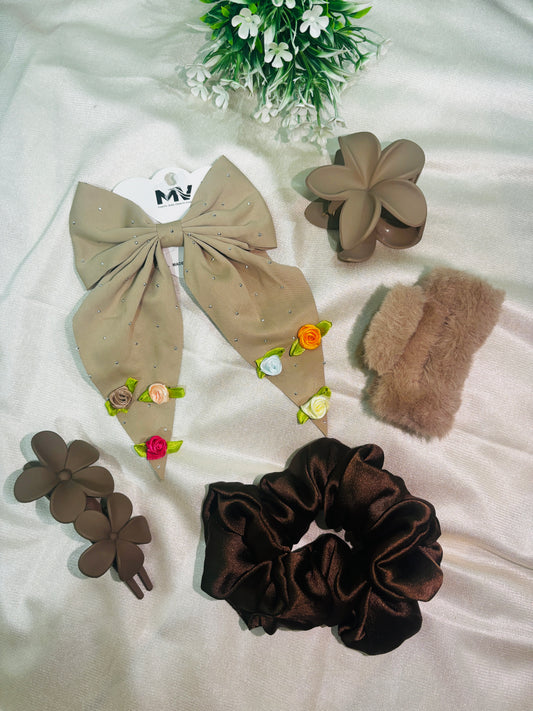 Combo of 5 Brown Scrunchies & Claw Clip | Stylish Hair Accessories Set