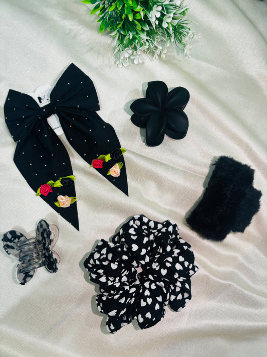 Combo of 5 Black Scrunchies & Claw Clip | Stylish Hair Accessories Set