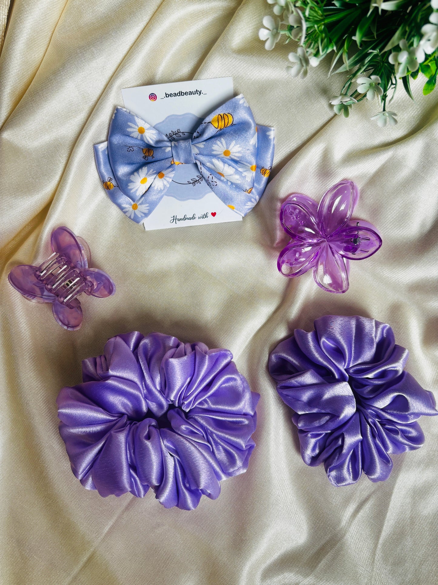 Combo of 5 Lavendar Scrunchies & Claw Clip | Stylish Hair Accessories Set