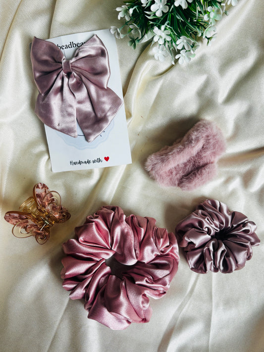 Combo of 5 Rose Gold Scrunchies & Claw Clip | Stylish Hair Accessories Set
