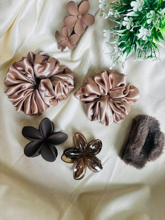 Combo of 5 Peach Scrunchies & Claw Clip | Stylish Hair Accessories Set