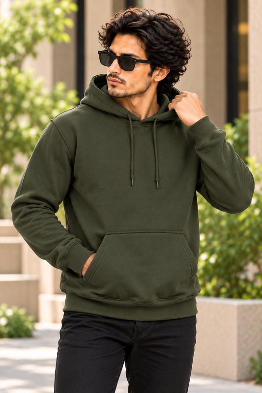 Bottle Green Regular Fit Hoodie | 300 GSM 100% Cotton Brushed Fleece