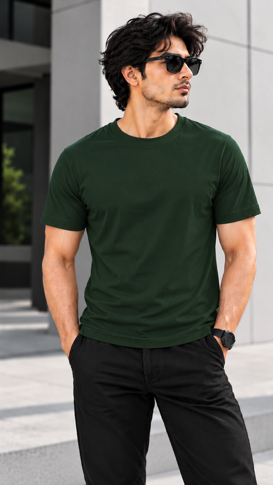 Solid Dark Green Plain T-Shirt | Minimalist Unisex Casual Wear