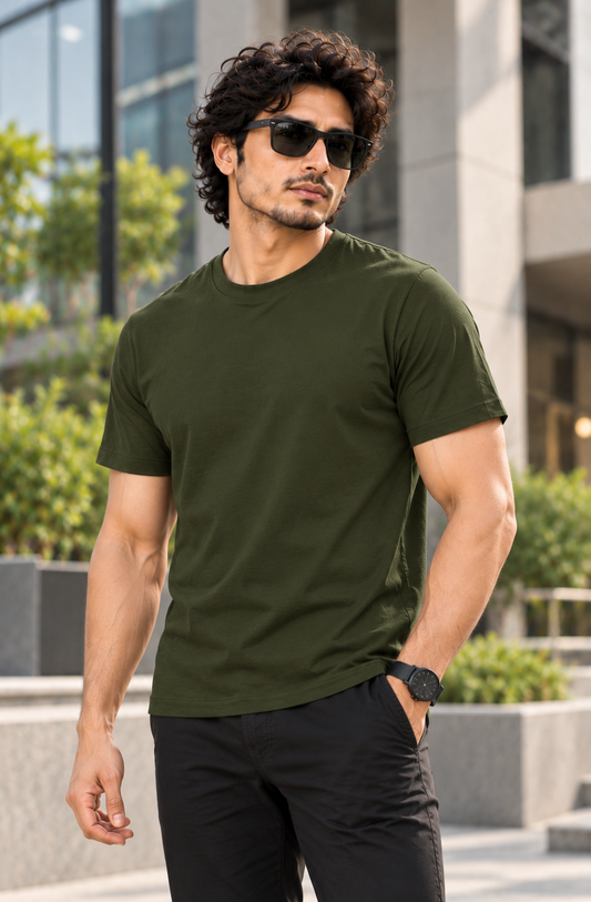 Solid Bottle Green Plain T-Shirt | Minimalist Unisex Casual Wear