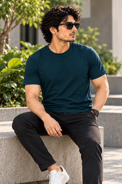 Solid Petrol Blue Plain T-Shirt | Minimalist Unisex Casual Wear