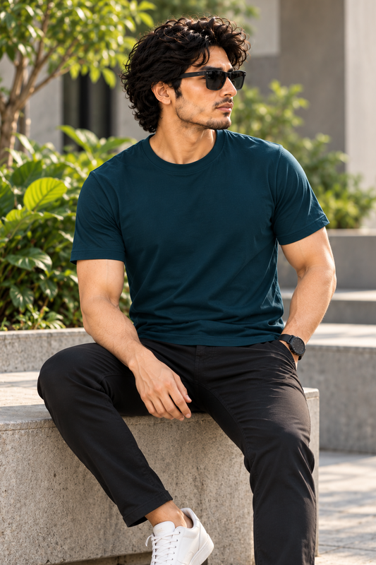 Solid Petrol Blue Plain T-Shirt | Minimalist Unisex Casual Wear