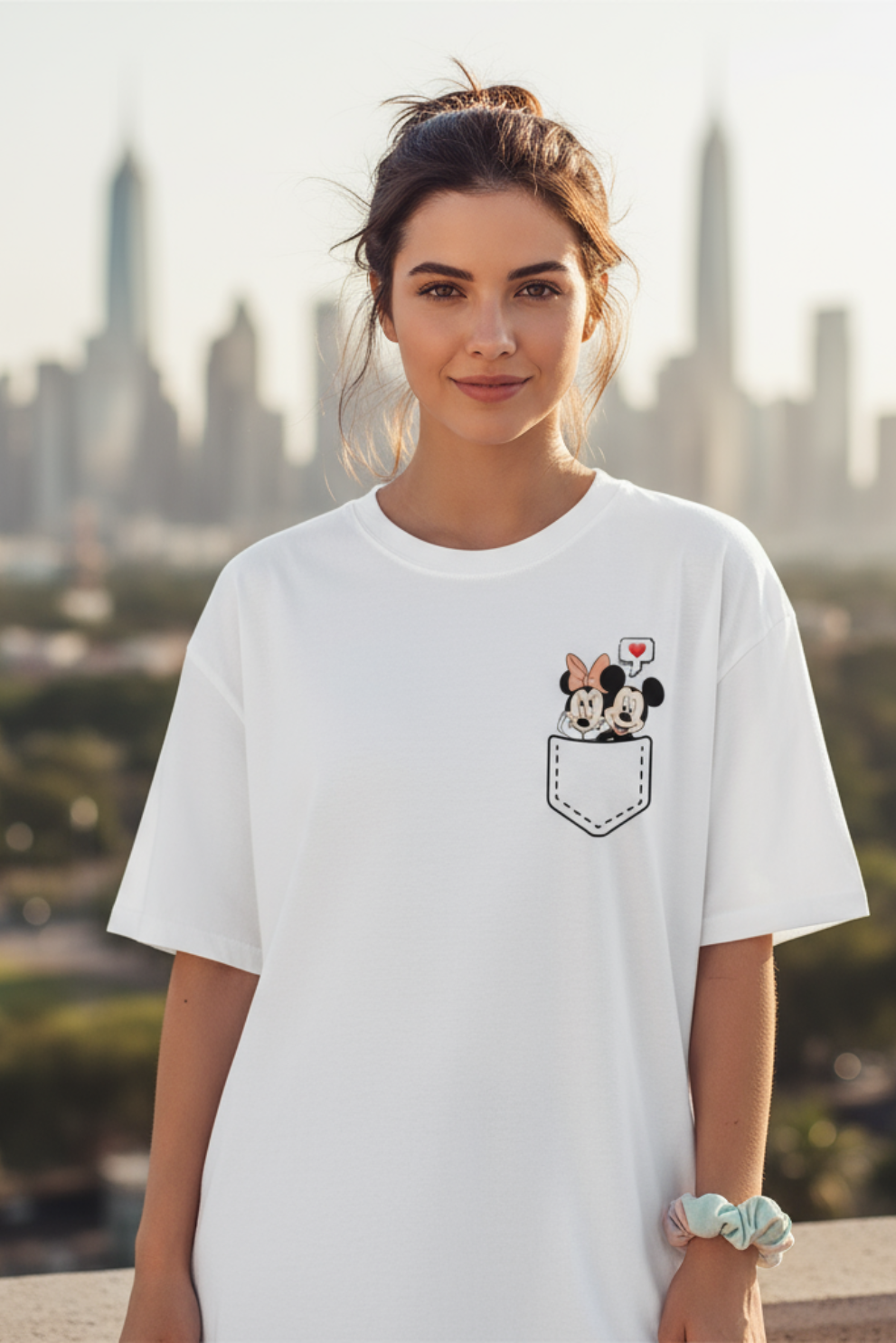 Mickey & Minnie Pocket Print Oversized T-Shirt | Disney Cartoon Unisex Streetwear